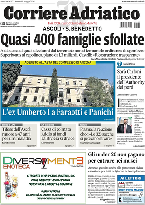 Prima pagina Corriere Adriatico (Ascoli) di oggi - Quotidiano regionale
