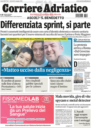 Prima pagina Corriere Adriatico (Ascoli) di oggi - Quotidiano regionale