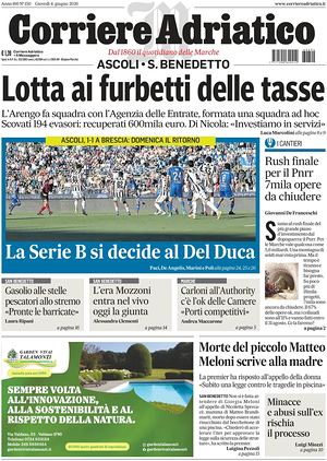 Prima pagina Corriere Adriatico (Ascoli) di oggi - Quotidiano regionale