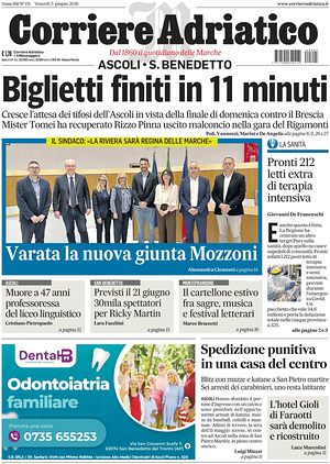 Prima pagina Corriere Adriatico (Ascoli) di oggi - Quotidiano regionale