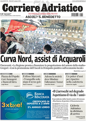 Prima pagina Corriere Adriatico (Ascoli) di oggi - Quotidiano regionale