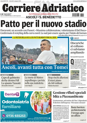 Prima pagina Corriere Adriatico (Ascoli) di oggi - Quotidiano regionale