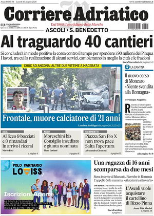 Prima pagina Corriere Adriatico (Ascoli) di oggi - Quotidiano regionale