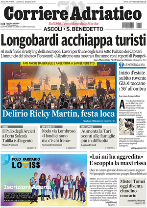 Prima pagina Corriere Adriatico (Ascoli) di oggi - Quotidiano regionale