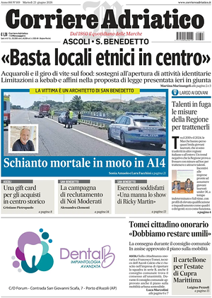 Prima pagina Corriere Adriatico (Ascoli) di oggi - Quotidiano regionale