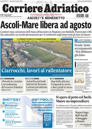 Prima pagina Corriere Adriatico (Ascoli) di oggi - Quotidiano regionale
