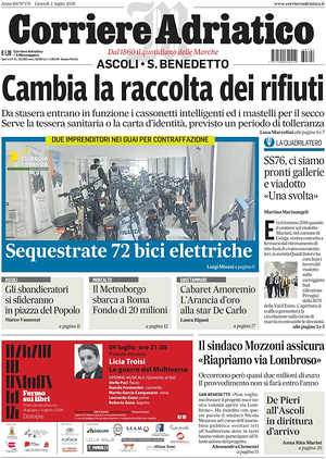 Prima pagina Corriere Adriatico (Ascoli) di oggi - Quotidiano regionale