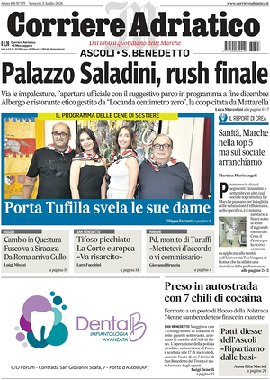 Prima pagina Corriere Adriatico (Ascoli) di oggi - Quotidiano regionale