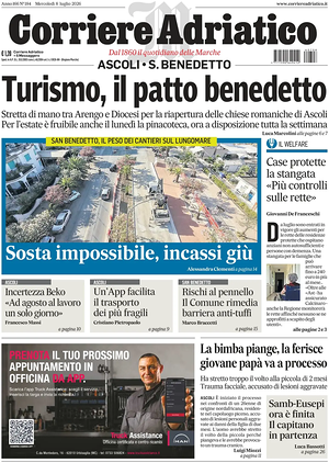Prima pagina Corriere Adriatico (Ascoli) di oggi - Quotidiano regionale