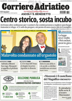 Prima pagina Corriere Adriatico (Ascoli) di oggi - Quotidiano regionale