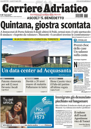 Prima pagina Corriere Adriatico (Ascoli) di oggi - Quotidiano regionale