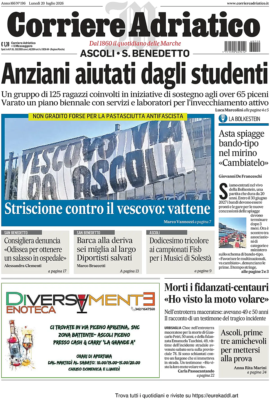 Prima pagina Corriere Adriatico (Ascoli) di oggi - Edicola 20 Luglio 2026