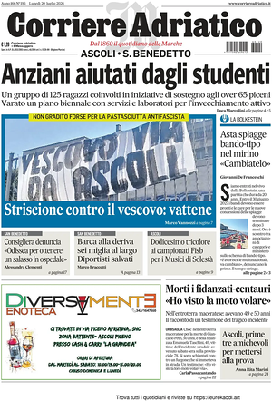 Prima pagina Corriere Adriatico (Ascoli) di oggi - Quotidiano regionale