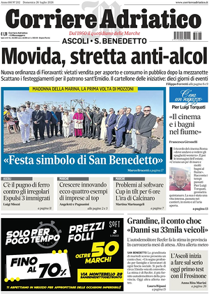 Prima pagina Corriere Adriatico (Ascoli) di oggi - Quotidiano regionale