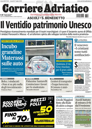 Prima pagina Corriere Adriatico (Ascoli) di oggi - Quotidiano regionale