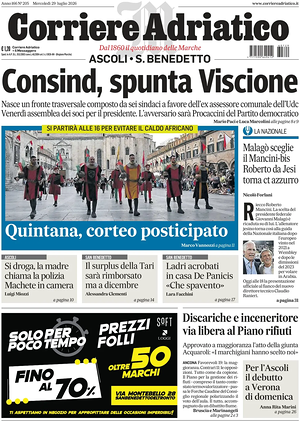 Prima pagina Corriere Adriatico (Ascoli) di oggi - Quotidiano regionale