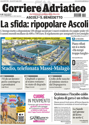 Prima pagina Corriere Adriatico (Ascoli) di oggi - Quotidiano regionale