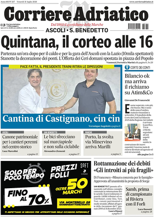 Prima pagina Corriere Adriatico (Ascoli) di oggi - Quotidiano regionale