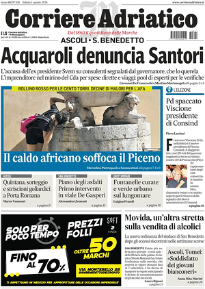 Prima pagina Corriere Adriatico (Ascoli) di oggi - Quotidiano regionale