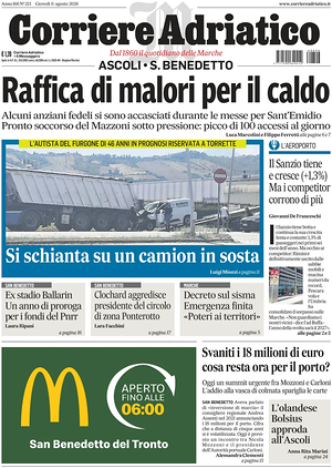 Prima pagina Corriere Adriatico (Ascoli) di oggi - Quotidiano regionale