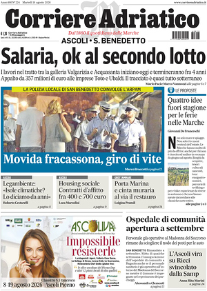 Prima pagina Corriere Adriatico (Ascoli) di oggi - Quotidiano regionale