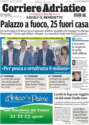 Prima pagina Corriere Adriatico (Ascoli) di oggi - Quotidiano regionale