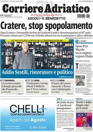 Prima pagina Corriere Adriatico (Ascoli) di oggi - Quotidiano regionale
