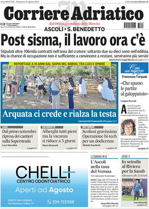 Prima pagina Corriere Adriatico (Ascoli) di oggi - Quotidiano regionale