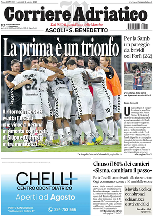 Prima pagina Corriere Adriatico (Ascoli) di oggi - Quotidiano regionale