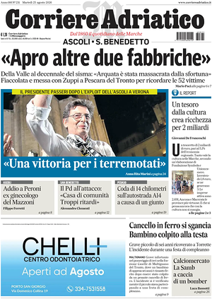 Prima pagina Corriere Adriatico (Ascoli) di oggi - Quotidiano regionale