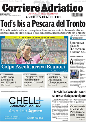 Prima pagina Corriere Adriatico (Ascoli) di oggi - Quotidiano regionale