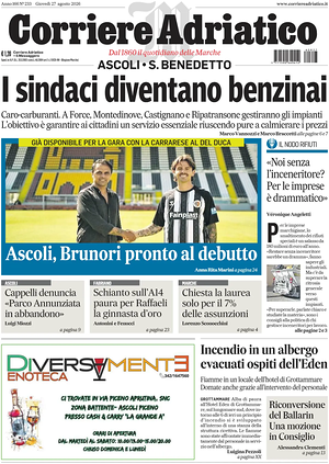 Prima pagina Corriere Adriatico (Ascoli) di oggi - Quotidiano regionale