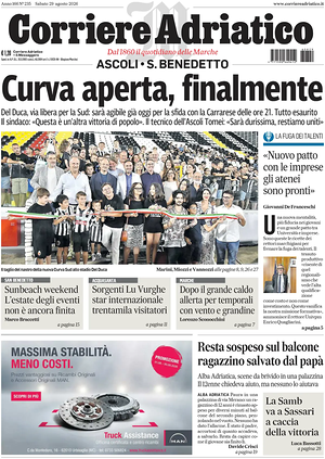 Prima pagina Corriere Adriatico (Ascoli) di oggi - Quotidiano regionale