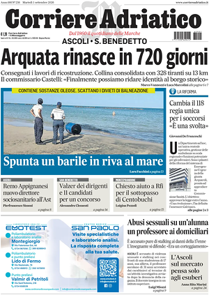 Prima pagina Corriere Adriatico (Ascoli) di oggi - Quotidiano regionale