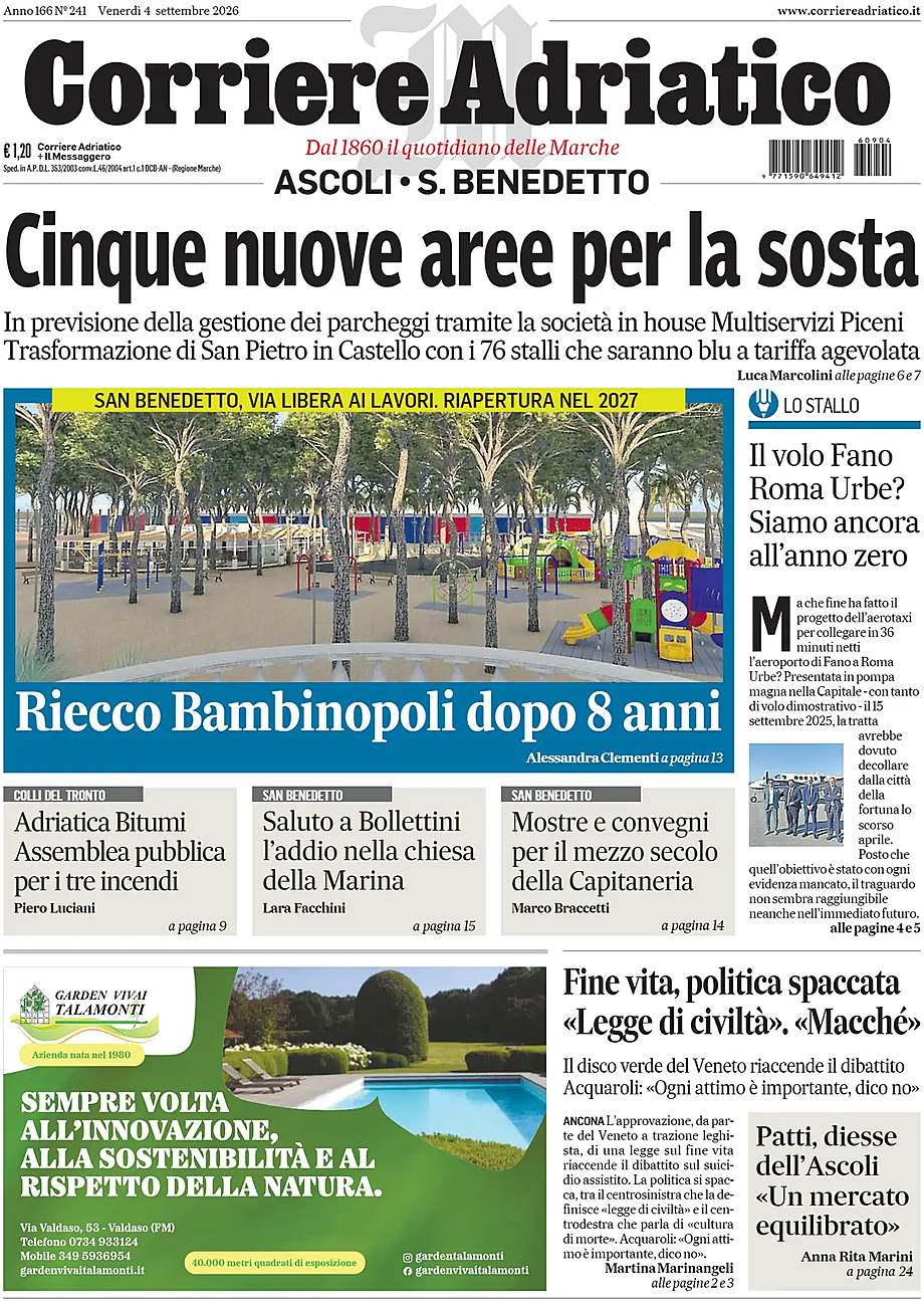 Prima pagina Corriere Adriatico (Ascoli) di oggi - Edicola 4 Settembre 2026