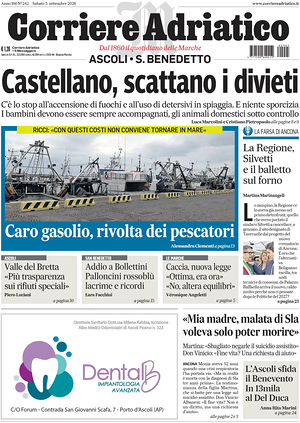 Prima pagina Corriere Adriatico (Ascoli) di oggi - Quotidiano regionale