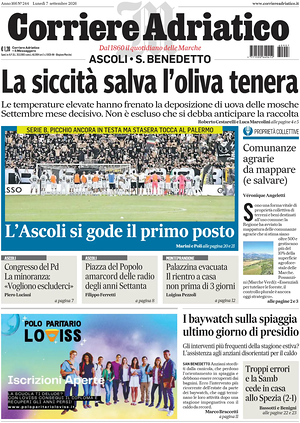Prima pagina Corriere Adriatico (Ascoli) di oggi - Quotidiano regionale