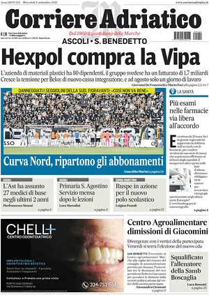 Prima pagina Corriere Adriatico (Ascoli) di oggi - Quotidiano regionale