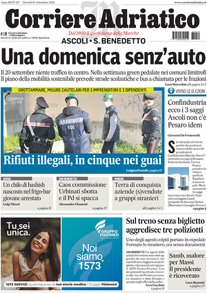 Prima pagina Corriere Adriatico (Ascoli) di oggi - Quotidiano regionale