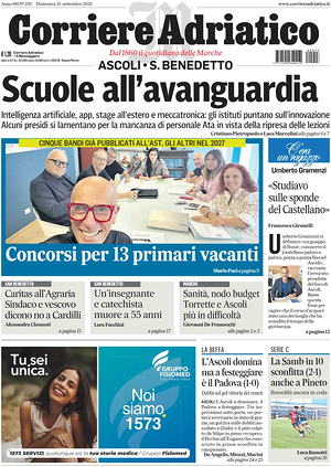 Prima pagina Corriere Adriatico (Ascoli) di oggi - Quotidiano regionale