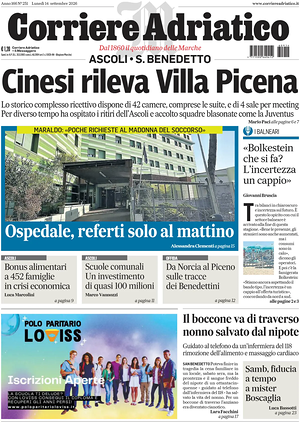 Prima pagina Corriere Adriatico (Ascoli) di oggi - Quotidiano regionale
