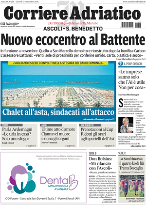 Prima pagina Corriere Adriatico (Ascoli) di oggi - Quotidiano regionale