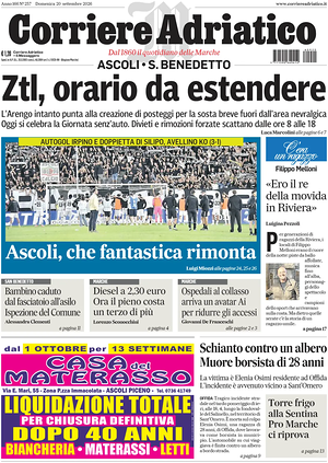 Prima pagina Corriere Adriatico (Ascoli) di oggi - Quotidiano regionale