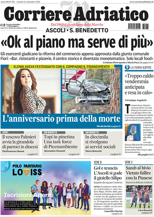 Prima pagina Corriere Adriatico (Ascoli) di oggi - Quotidiano regionale