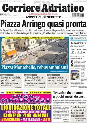 Prima pagina Corriere Adriatico (Ascoli) di oggi - Quotidiano regionale