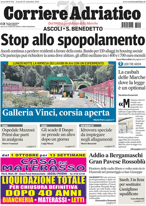 Prima pagina Corriere Adriatico (Ascoli) di oggi - Quotidiano regionale