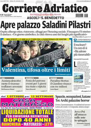 Prima pagina Corriere Adriatico (Ascoli) di oggi - Quotidiano regionale
