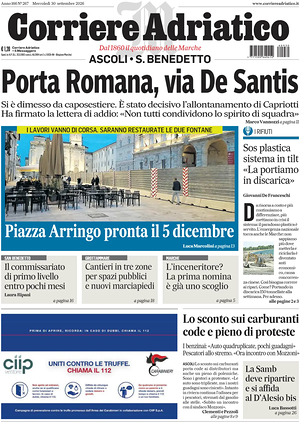 Prima pagina Corriere Adriatico (Ascoli) di oggi - Quotidiano regionale