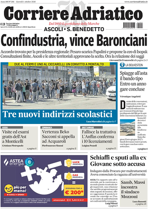 Prima pagina Corriere Adriatico (Ascoli) di oggi - Quotidiano regionale
