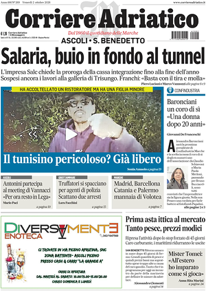 Prima pagina Corriere Adriatico (Ascoli) di oggi - Quotidiano regionale